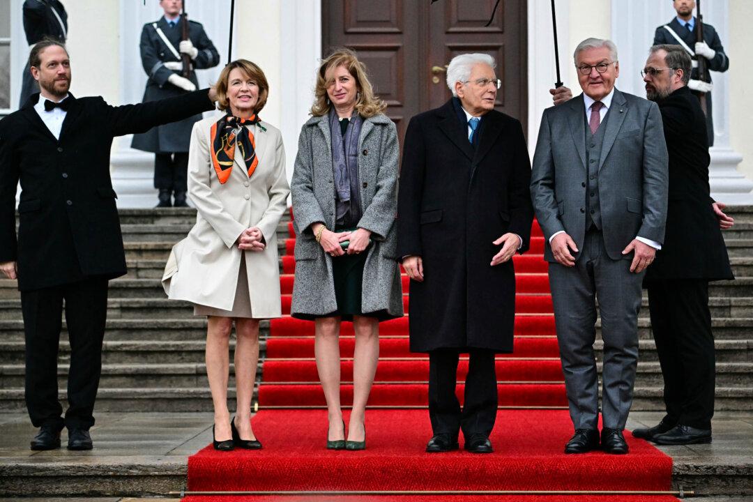 German President Frank-Walter Steinmeier (2nd R) and his wife, Elke Buedenbender (2nd L), welcome Italian President Sergio Mattarella (3rd R) and his daughter, Laura Mattarella (3rd L), at the presidential Bellevue Palace in Berlin, on Nov. 15, 2025. (Tobias Schwarz/AFP via Getty Images)