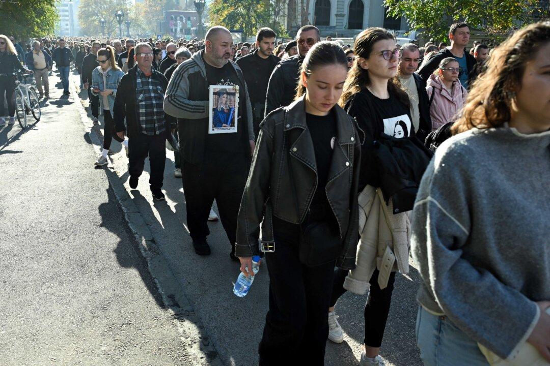 Relatives of the victims of a deadly nightclub fire on March 16, 2025, march to demand justice in Skopje, North Macedonia, on Nov. 15, 2025. On March 16, a fire at a hip-hop concert in the eastern town of Kocani triggered a stampede in the overcrowded club, leaving 63 dead and injuring nearly 200—most aged between 16 and 26. (Robert Atanasovski/AFP via Getty Images)
