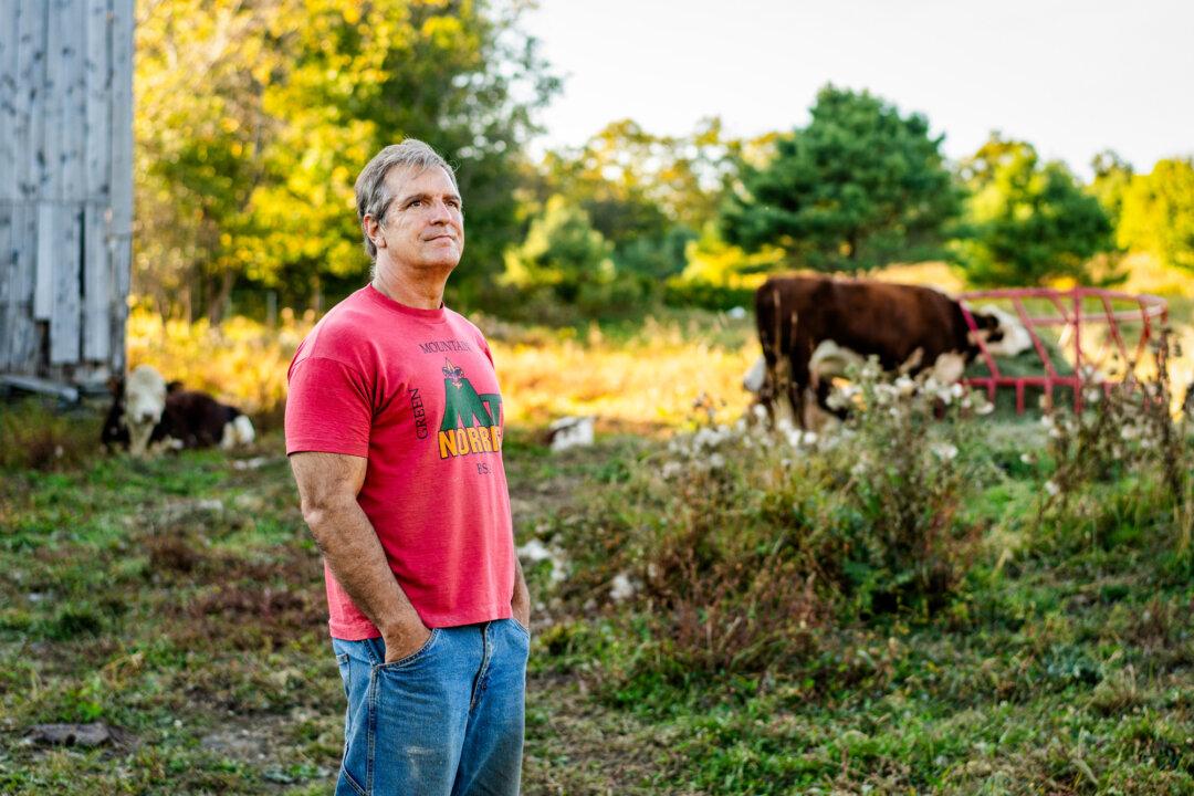 Farmer and lawyer John Klar at his homestead in Brookfield, Vt., on Sept. 12, 2025. Concerned about the impact of big agriculture and federal policy on U.S. farming and food supplies, the former tax attorney has become an advocate for small farms and regenerative agriculture. (Samira Bouaou/The Epoch Times)