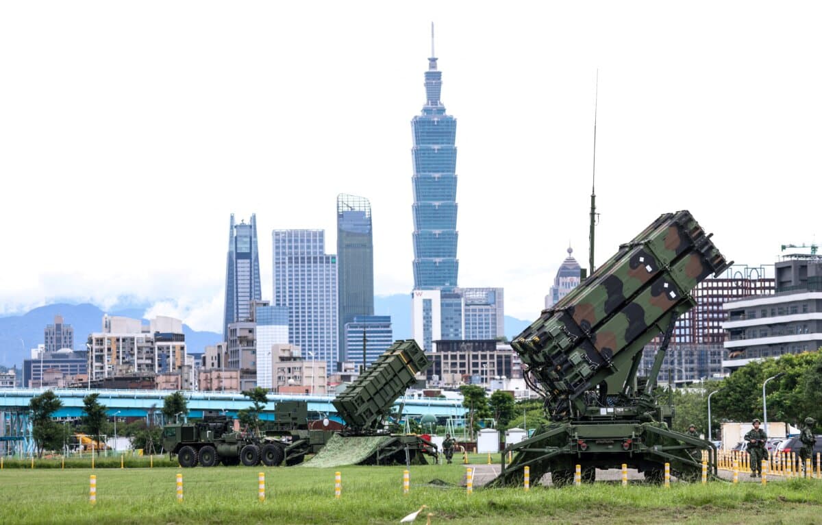 Air Force Patriot missile systems are deployed at a local park during Taiwan's annual Han Kuang military exercise in Taipei, Taiwan, on July 11, 2025. (I-Hwa Cheng/AFP via Getty Images)