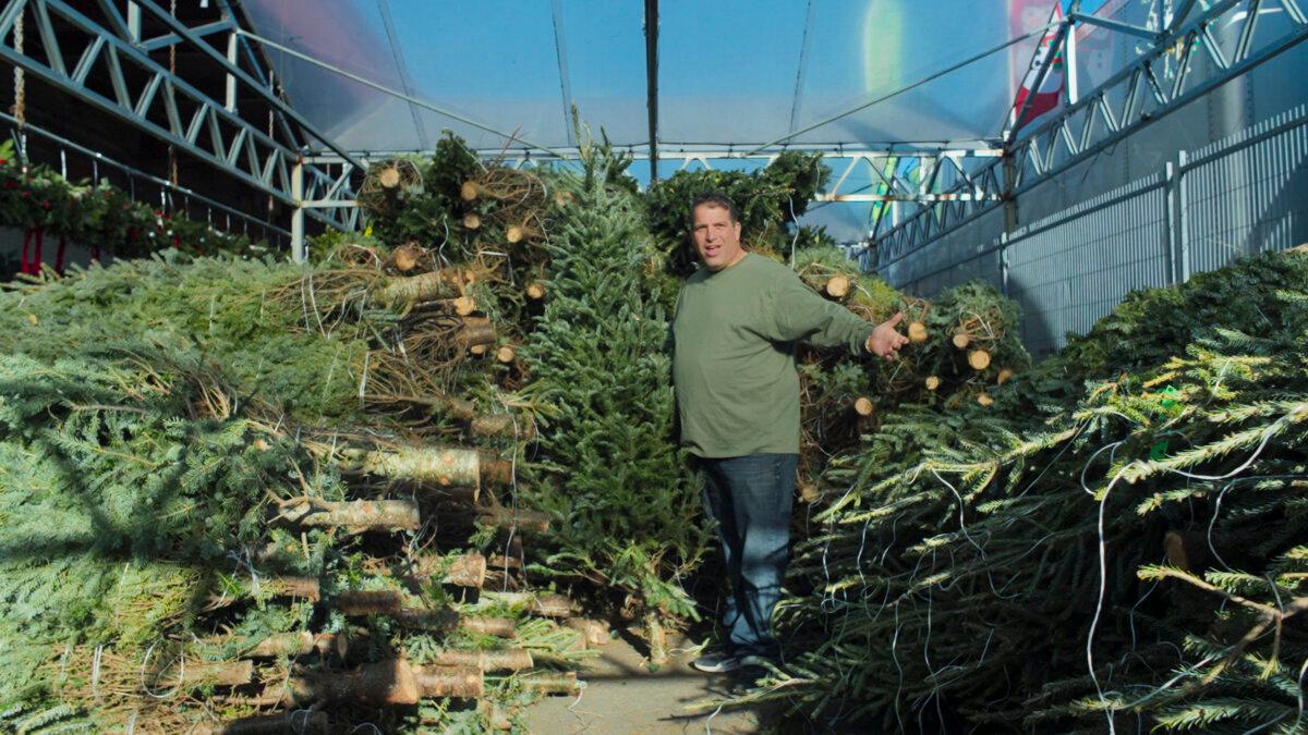 George Smith of NYC Tree Shop displays his trees for sale in "The Merchants of Joy." (Amazon MGM Studios)