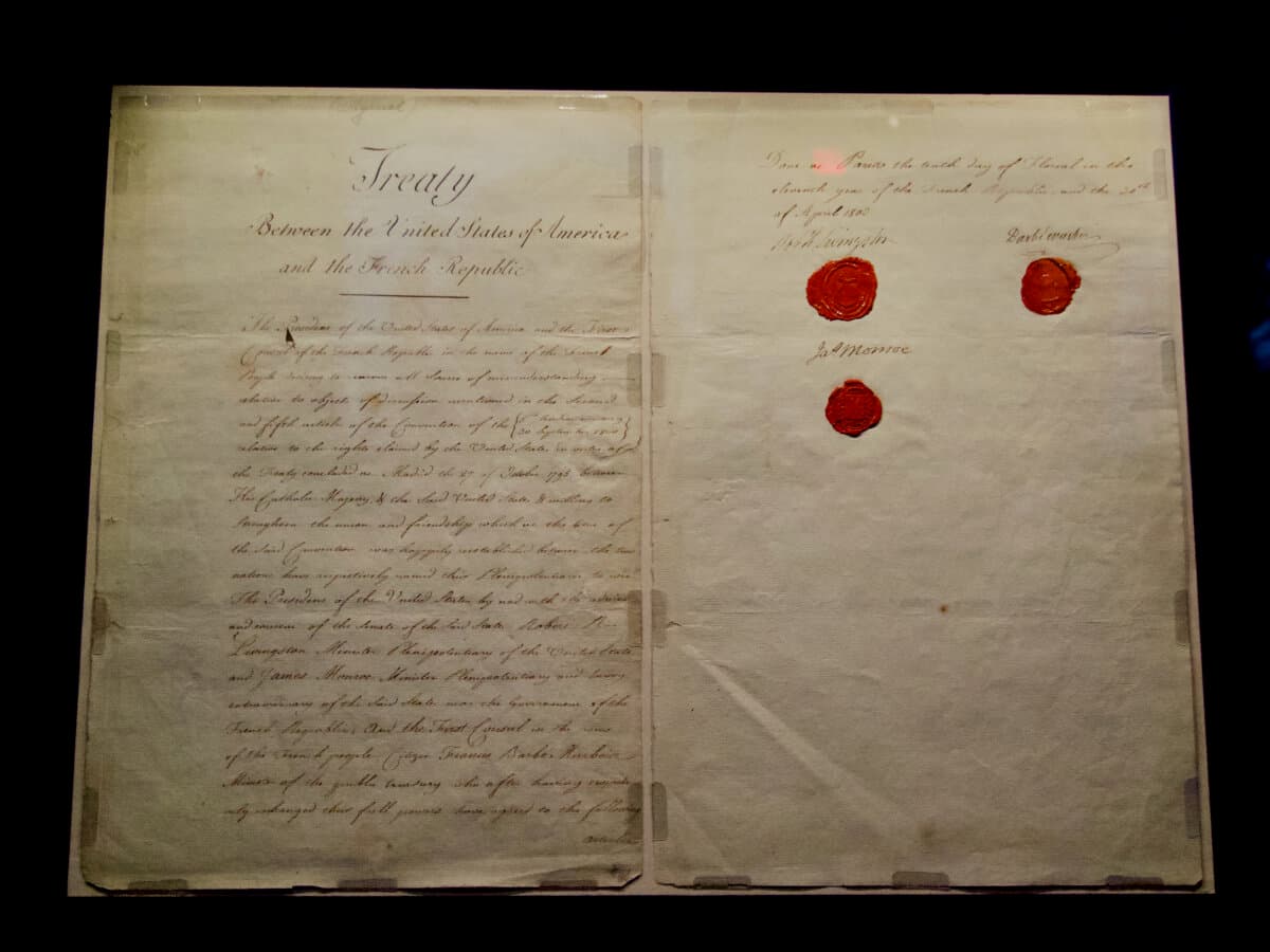 The Louisiana Purchase Treaty is on display at the National Archives in "The American Story" exhibit, as seen during a grand opening preview on Nov. 21, 2025. (Travis Gillmore/The Epoch Times)