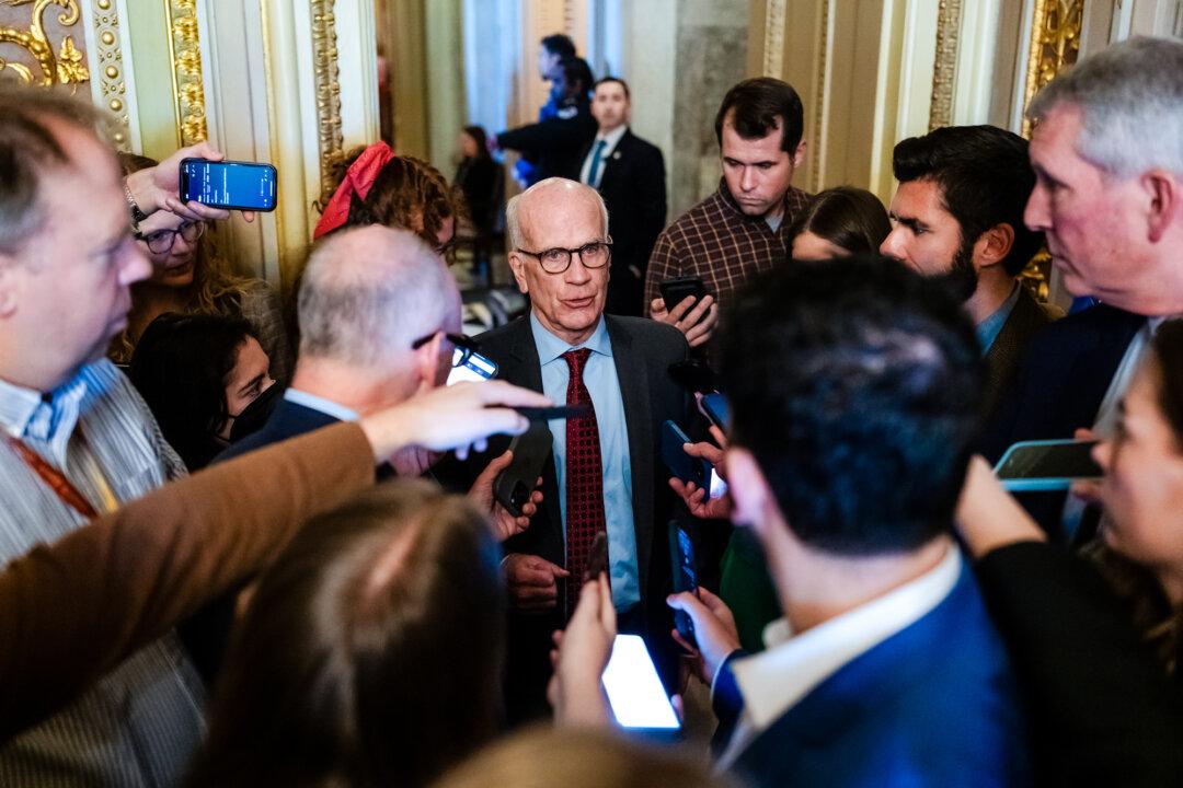 Sen. Peter Welch (D-Vt.) speaks with reporters after a Democratic luncheon at the U.S. Capitol on Nov. 6, 2025. Welch said the temporary tax credits should be extended because the Affordable Care Act has not reduced health care costs. (Eric Lee/Getty Images)
