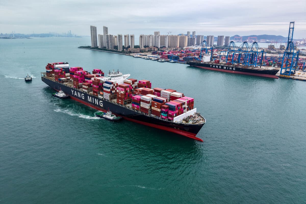 A cargo ship sails into the port in Qingdao, in eastern Shandong Province, China, on Oct. 13, 2025. (AFP via Getty Images)