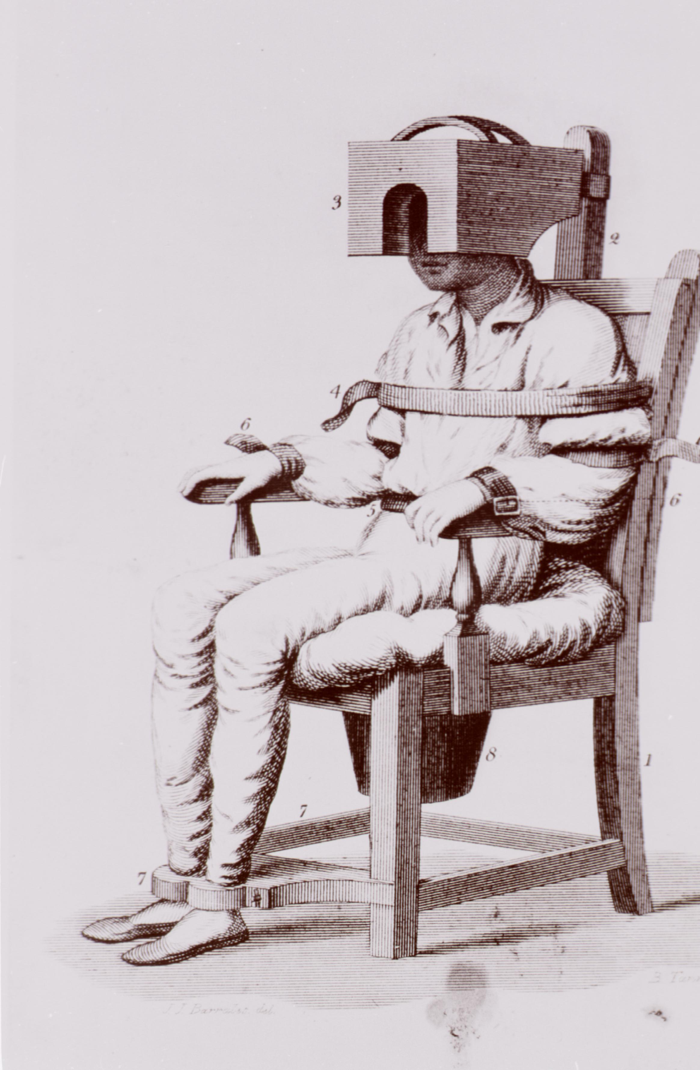 An inverted illustration of Benjamin Rush's tranquilizing chair, published in 1811. The National Library of Medicine, Bethesda, Maryland. (Public Domain)