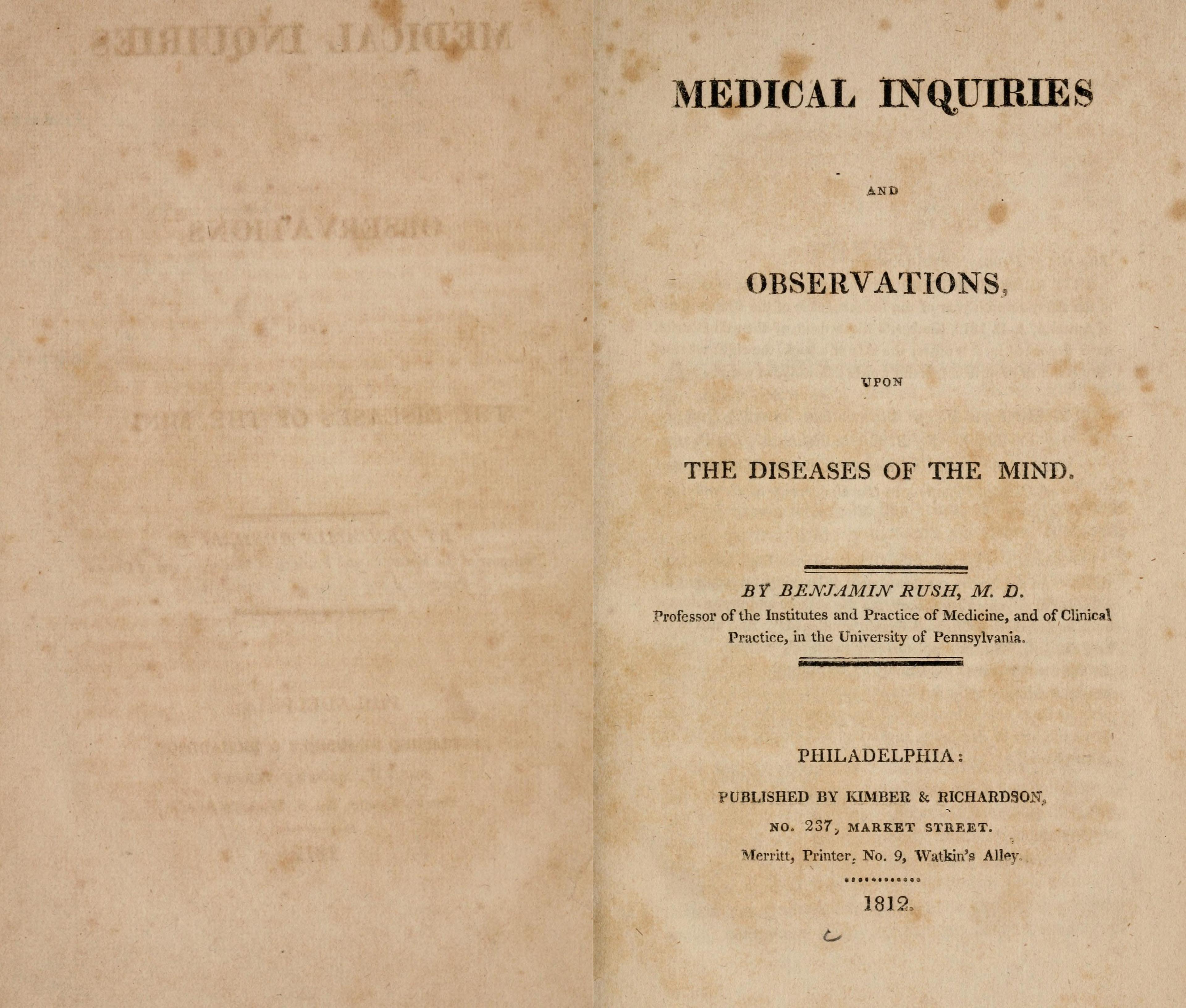 Frontispiece of “Medical Inquiries and Observations Upon Diseases of the Mind,” 1812, by Benjamin Rush. Internet Archive. (Public Domain)