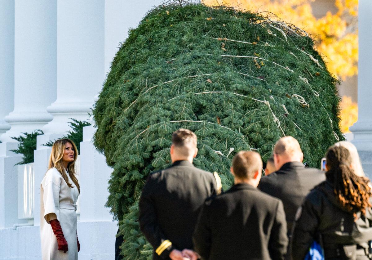 First Lady Melania Trump welcomes the official 2025 White House Christmas Tree at the White House on Nov. 24, 2025. The 25-foot concolor fir was grown at Korson's Tree Farms in Sidney Township, Mich., and will be displayed in the Blue Room of the White House during the holiday season. (Andrew Caballero-Reynolds/AFP via Getty Images)