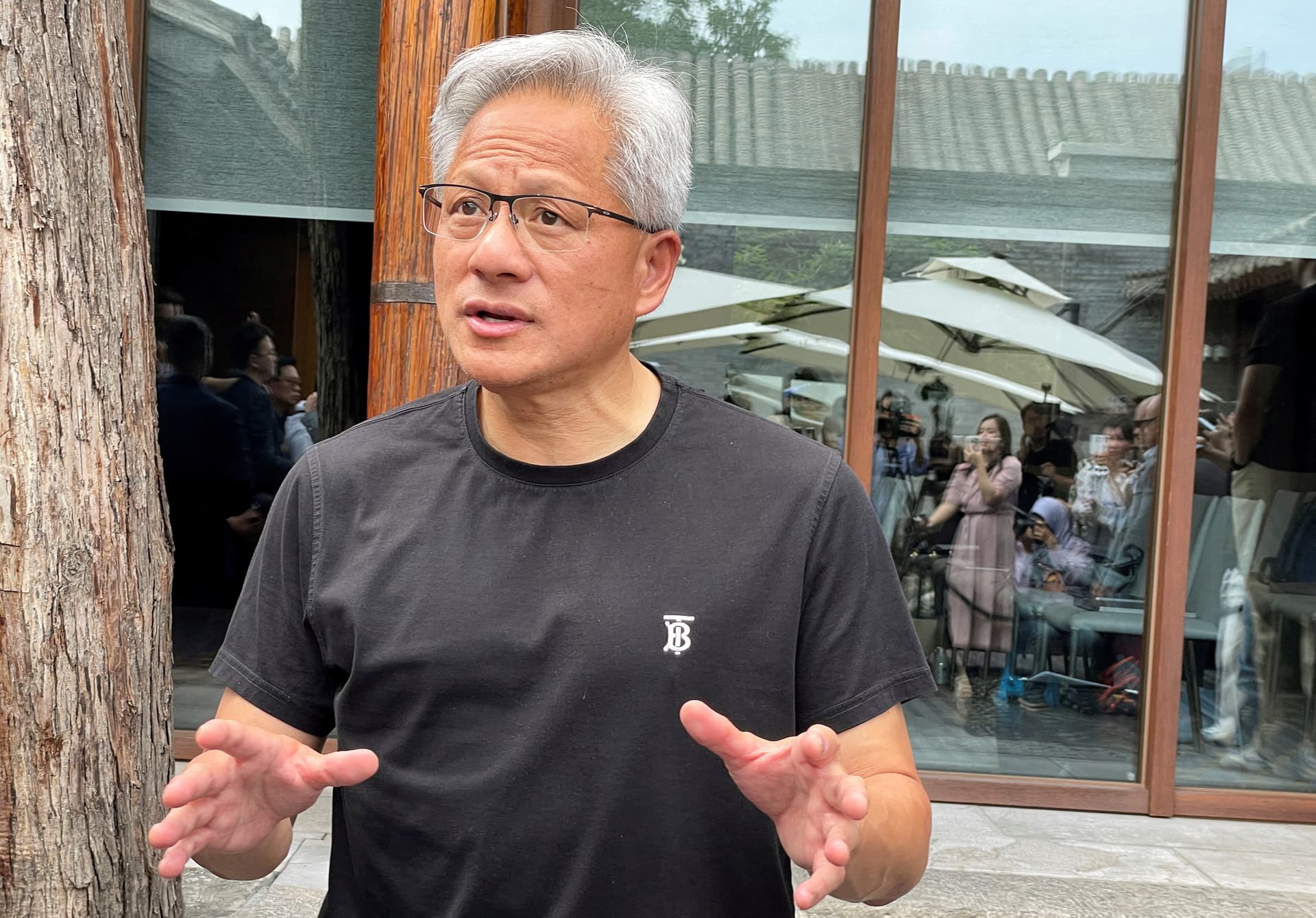 Nvidia CEO Jensen Huang speaks to the media at a hotel in Beijing, China, on July 16, 2025. (Alessandro Diviggiano/Reuters File Photo)