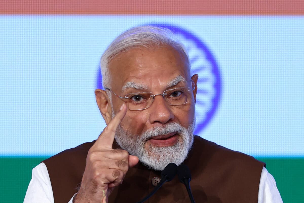 India's Prime Minister Narendra Modi delivers a speech at the India-Japan Economic Forum in Tokyo, Japan, on Aug. 29, 2025. (Issei Kato/Reuters)