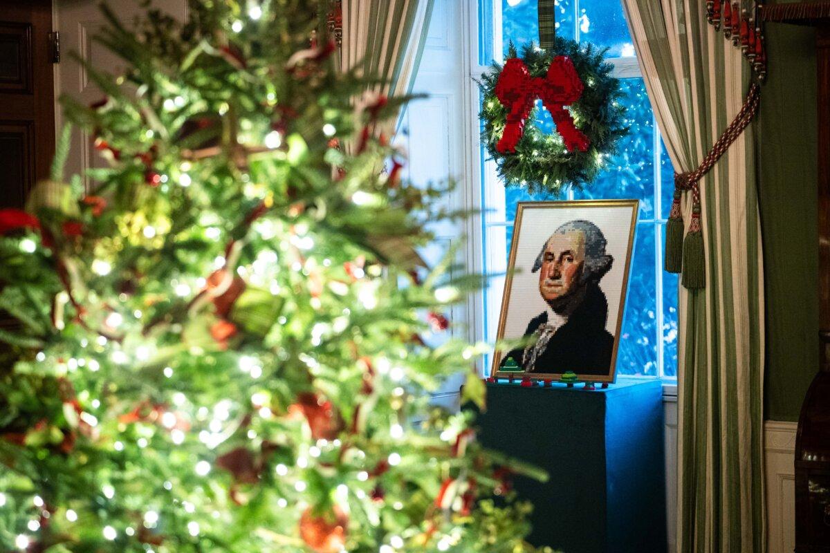A LEGO portrait of President George Washington at the White House on Dec. 1, 2025. (Madalina Kilroy/The Epoch Times)