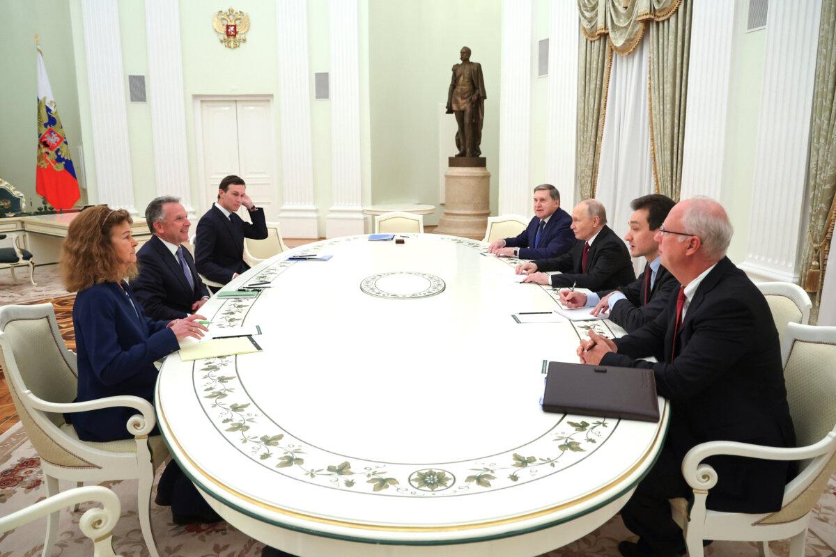 Russian President Vladimir Putin (3rd R), Russian Presidential foreign policy adviser Yuri Ushakov (4th R), and Russian Direct Investment Fund CEO Special Presidential Representative for Investment and Economic Cooperation with Foreign Countries Kirill Dmitriev (R) attend talks with U.S. special envoy Steve Witkoff (2nd L), and Jared Kushner, U.S. President Donald Trump's son-in-law (3rd L), at the Senate Palace of the Kremlin in Moscow, Russia, on Dec. 2, 2025. (Alexander Kazakov/Sputnik via AP)