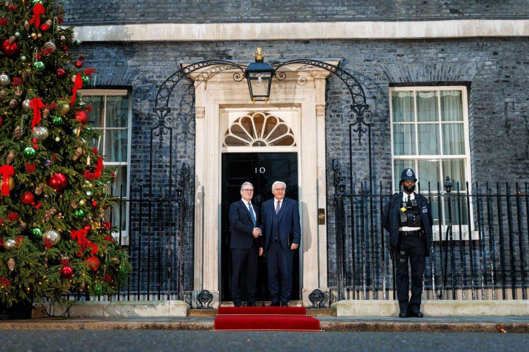 British Prime Minister Keir Starmer greets German President Frank-Walter Steinmeier at No. 10 Downing Street in London on Dec. 3, 2025. Steinmeier, accompanied by Elke Büdenbender, are visiting the United Kingdom as guests of the king and queen. The visit is the first from Germany in 27 years and will include an address to the UK parliament and a banquet. (Dan Kitwood/Getty Images)
