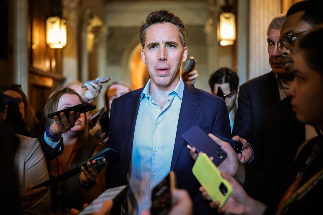Sen. Josh Hawley (R-Mo.) speaks to the press in Washington on June 2, 2025. Hawley supports the president’s new $100,000 H-1B fee and has called for a broader review of U.S. visa policies. (Kayla Bartkowski/Getty Images)