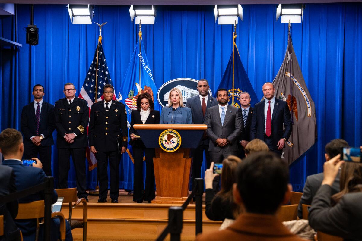Attorney General Pam Bondi, FBI Director Kash Patel, and U.S. Attorney for the District of Columbia Jeanine Pirro announce the arrest of Brian Cole Jr. during a press conference in Washington on Dec. 4, 2025. (Madalina Kilroy/The Epoch Times)