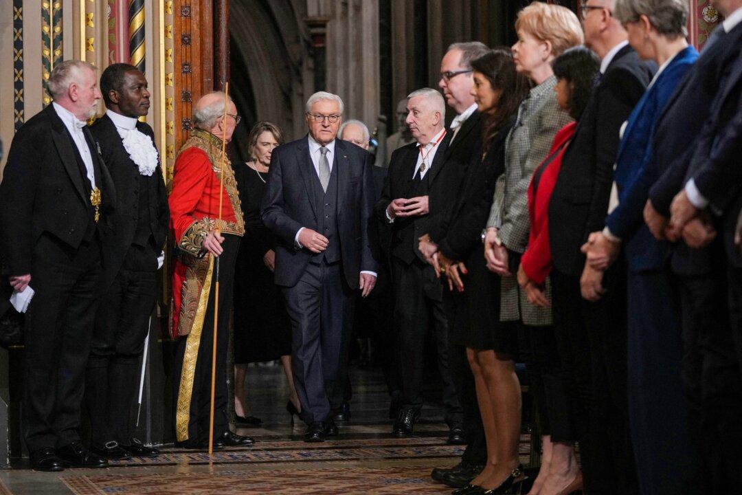 Germany's President Frank-Walter Steinmeier arrives to speak to a joint session of parliament in the Royal Gallery at the Palace of Westminster in London on Dec. 4, 2025, on the second day of a three-day state visit. (Kin Cheung/Pool/AFP via Getty Images)
