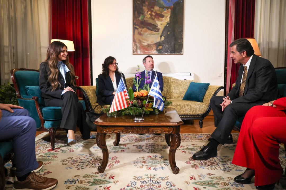 Deputy Minister of the Interior Konstantinos Gkioulekas meets with the new U.S. Ambassador to Greece Kimberly Guilfoyle at the Ministry of Interior-Thessaloniki headquarters, on Dec. 4, 2025. (Vasilis Svarnias/SOOC/AFP via Getty Images)
