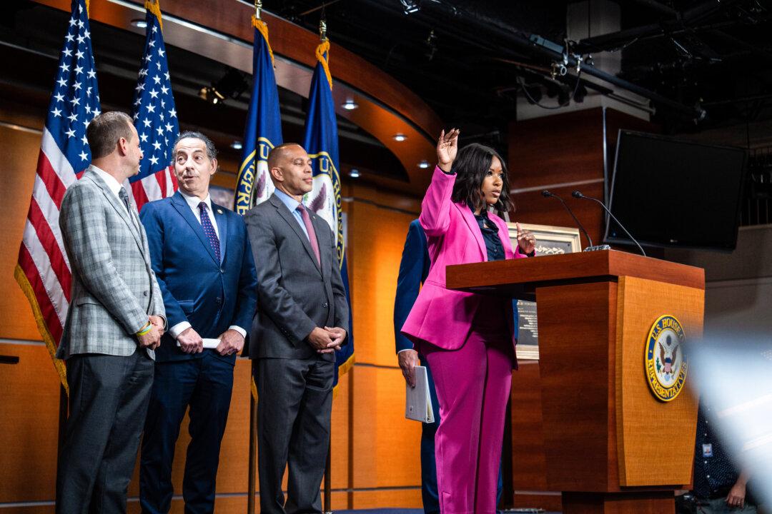 Rep. Jasmine Crockett (D-Texas) speaks on Capitol Hill in Washington on Sept. 8, 2025. Crockett called the debate about H-1B visa reform “an internal fight that MAGA is having.” (Madalina Kilroy/The Epoch Times)