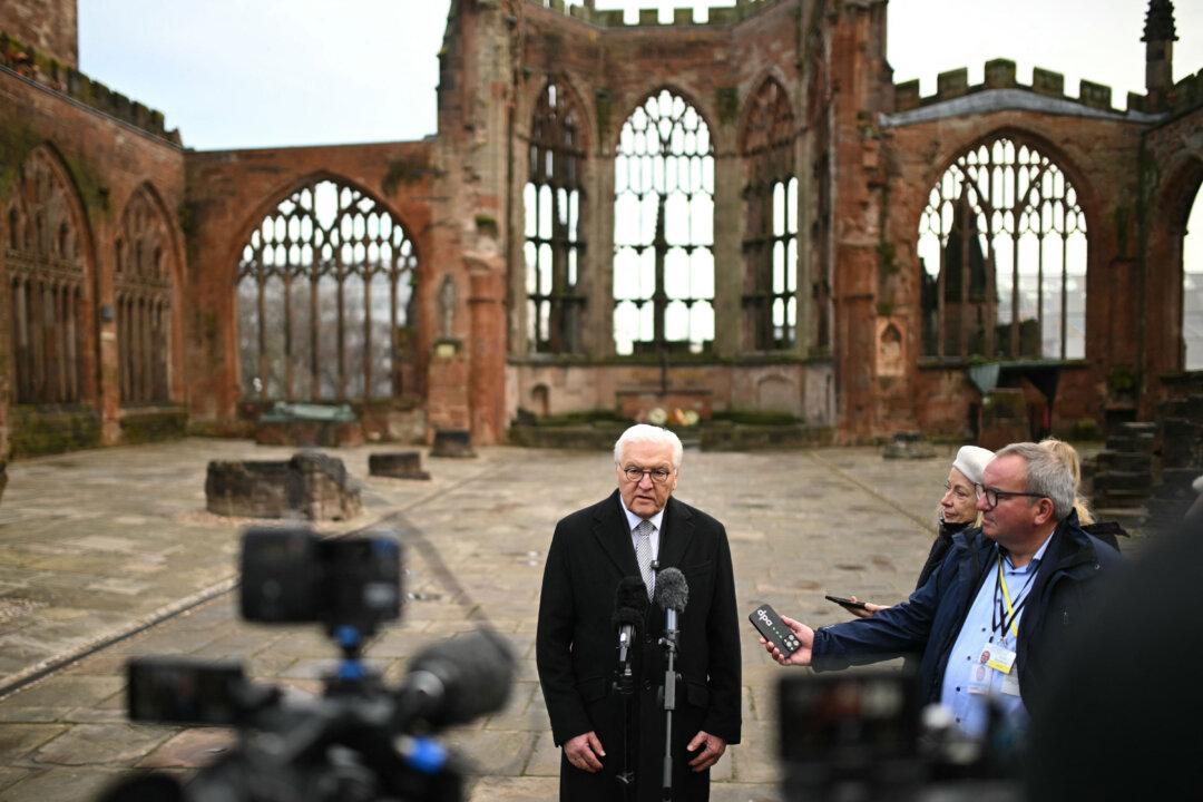 German President Frank-Walter Steinmeier delivers a statement inside the ruins of Coventry Cathedral in Coventry, England, on Dec. 5, 2025. (Oli Scarff/AFP via Getty Images)