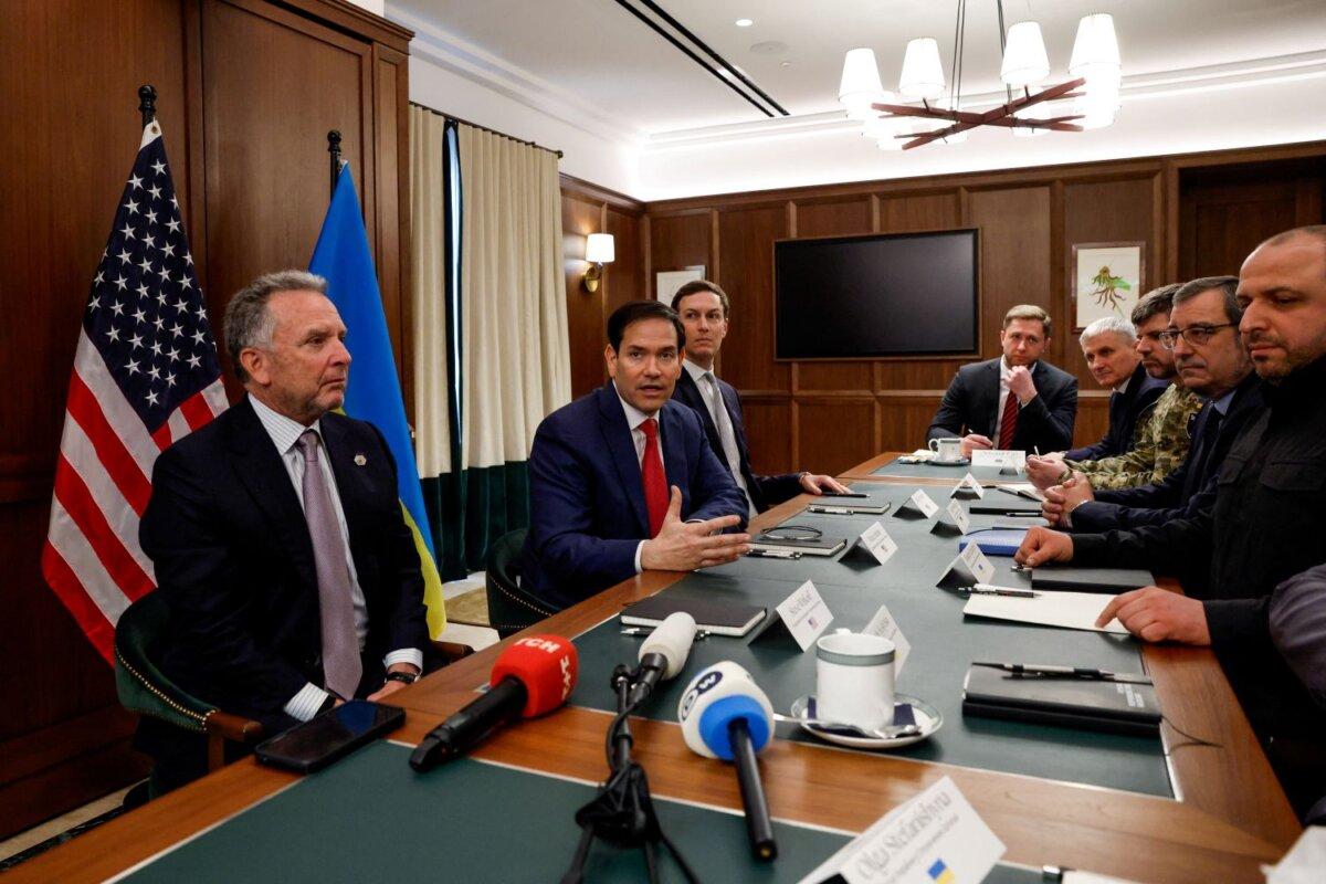 U.S. Special Envoy Steve Witkoff (L), U.S. Secretary of State Marco Rubio (2nd L), and U.S. President Donald Trump's son-in-law Jared Kushner (3rd L) meet with Secretary of Ukraine's National Security and Defence Council Rustem Umerov (R) and other members of a Ukrainian delegation in Hallandale Beach, Florida, on Nov. 30, 2025. (Eva Marie Uzcategui/Reuters)