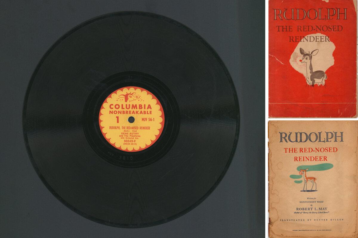 Compilation image of the original "Rudolph the Red-Nosed Reindeer" book and music. (L) Gene Autry's 1949 recording of "Rudolph the Red-Nosed Reindeer." (R) Cover and frontispiece of Robert May's 1939 book "Rudolph the Red-Nosed Reindeer," distributed by Montgomery Ward. (National Museum of American History, Smithsonian Institution)