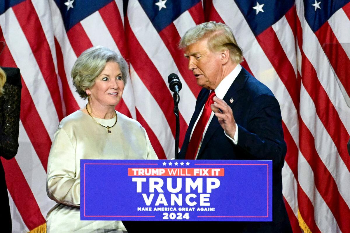 Donald Trump greets his campaign manager Susie Wiles during an election night event at the West Palm Beach Convention Center in West Palm Beach, Fla., on Nov. 6, 2024. (Jim Watson/AFP via Getty Images)