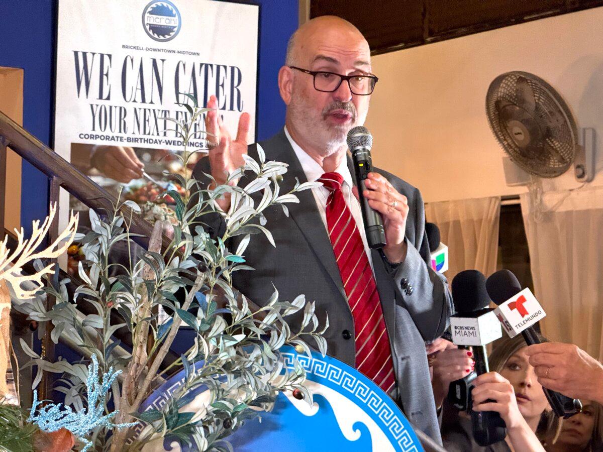 Ret. Col. Emilio Gonzalez concedes the Miami mayoral race to Eileen Higgins on Dec. 9, 2025. (T.J. Muscaro/The Epoch Times)
