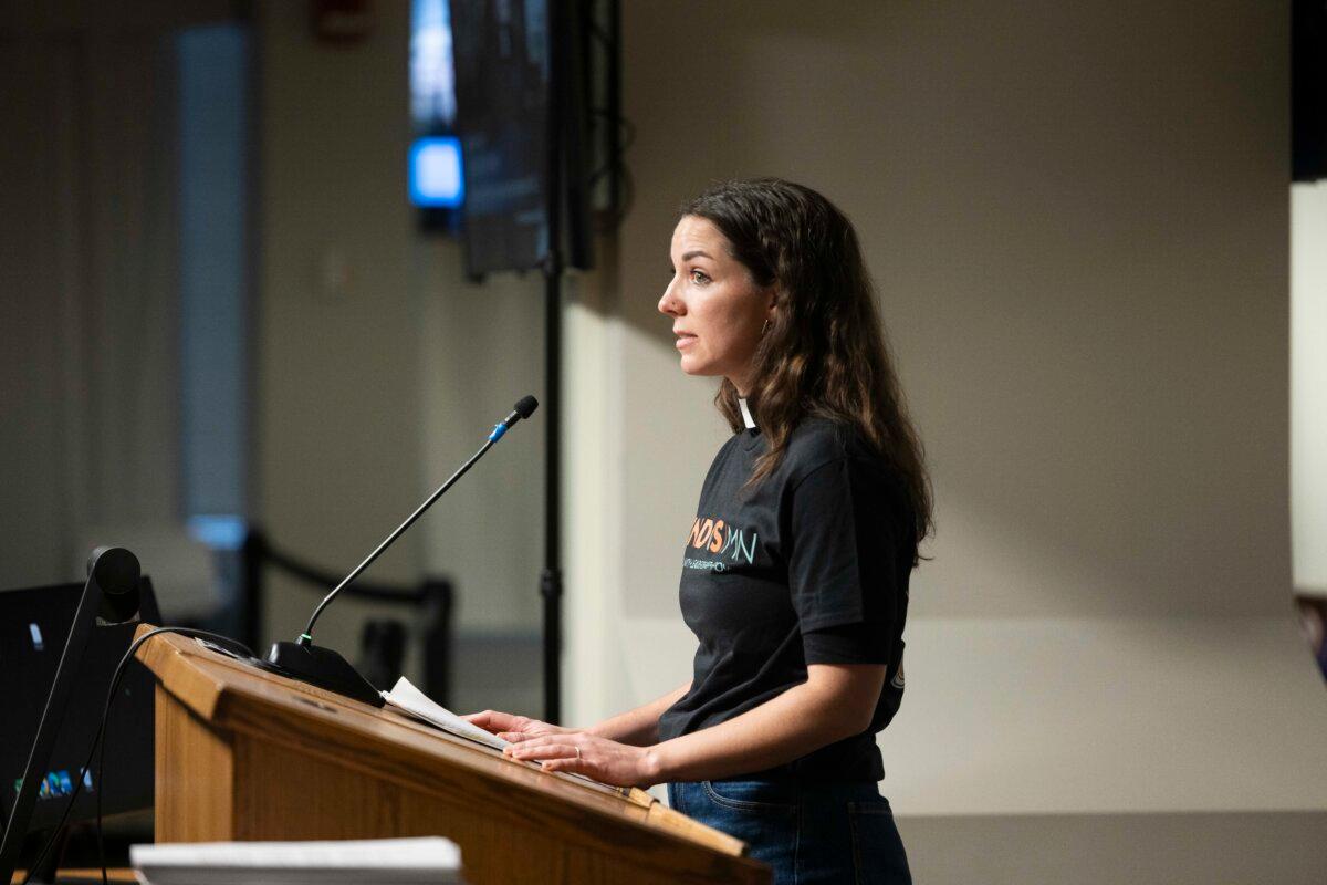 The Rev. Sophie Callahan speaks at the City Council hearing in Minneapolis on Dec. 9, 2025. (Jenn Ackerman for The Epoch Times)