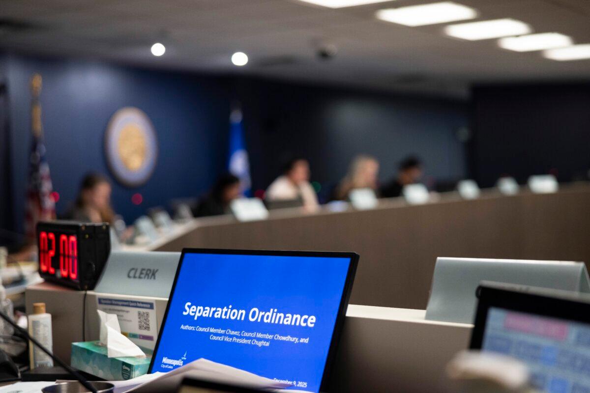 Minneapolis City Council members convene a public hearing to consider revisions to the city’s separation ordinance barring cooperation with ICE in Minneapolis on Dec. 9, 2025. (Jenn Ackerman for The Epoch Times)