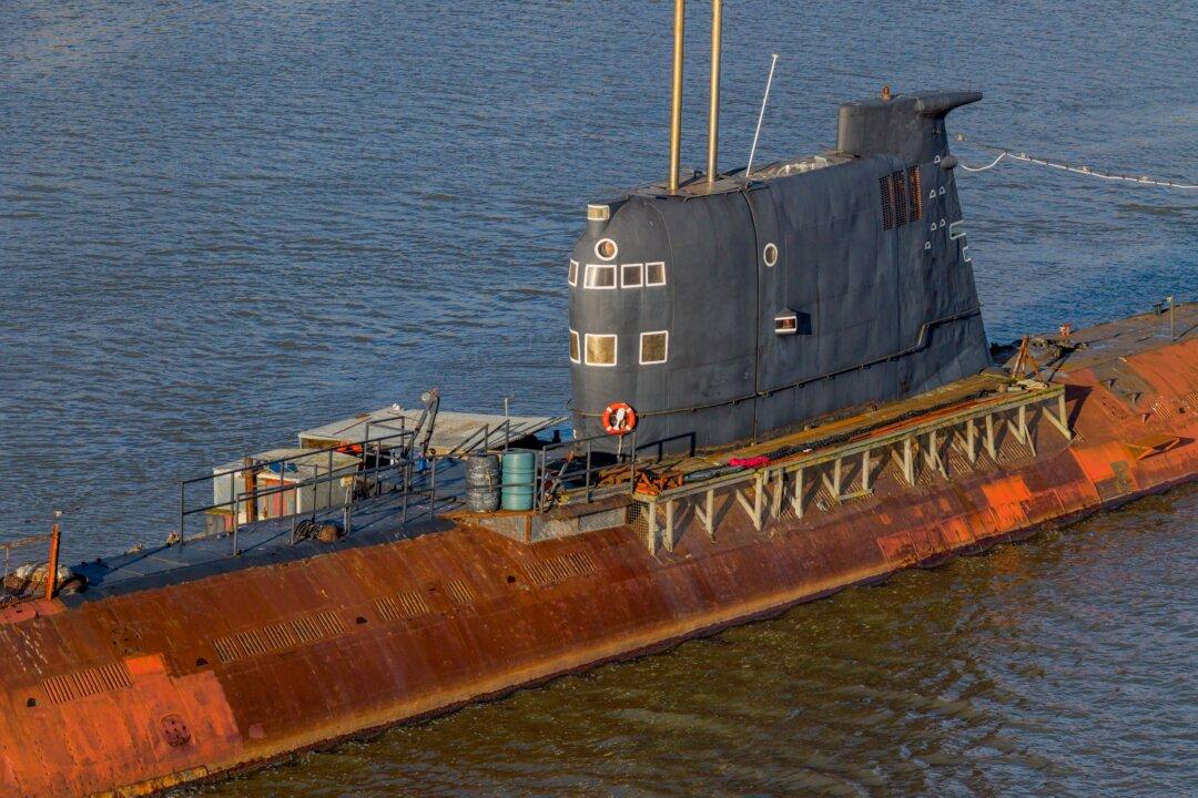 The U-475 Black Widow, a former Soviet Navy submarine, lies moored in the River Medway in Strood, England, on Dec. 11, 2025. The Soviet Cold War era 641 class submarine (known to the West by the NATO reporting name of Foxtrot) was a conventionally powered patrol/attack submarine built at Sudomekh shipyard in Leningrad and commissioned in 1967. It was based at Riga (Latvia) and served with the Soviet Baltic Fleet before being used as a training vessel then decommissioned in 1993 and sold into private ownership. (Carl Court/Getty Images)