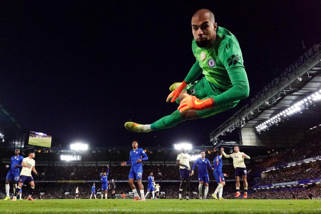 Robert Sanchez of Chelsea reacts after making a save during the Premier League match between Chelsea and Everton at Stamford Bridge in London, England, on Dec. 13, 2025. (Justin Setterfield/Getty Images)