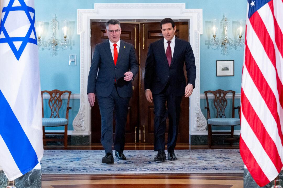 U.S. Secretary of State Marco Rubio and Israeli Foreign Minister Gideon Sa’ar (L) arrive to greet the media prior to meetings at the State Department in Washington on Dec. 10, 2025. (Saul Loeb/AFP via Getty Images)