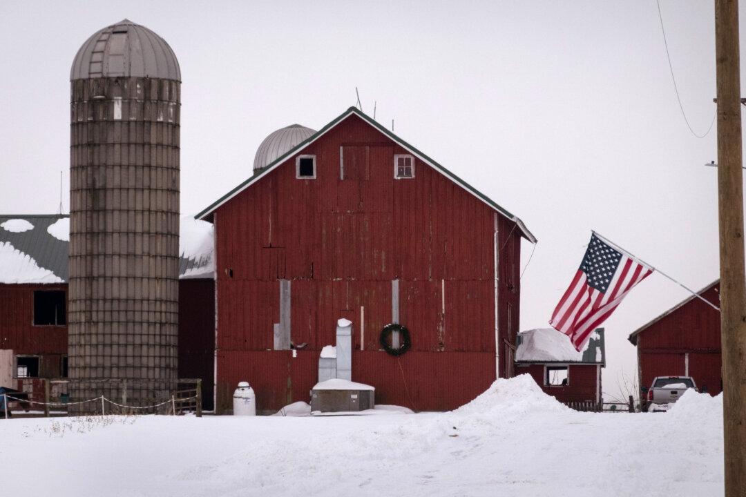 A flag flies in front of a farm near Belvidere, Ill., on Dec. 9, 2025. The Trump administration on Dec. 8 unveiled a $12 billion aid package to help struggling farmers. (Scott Olson/Getty Images)