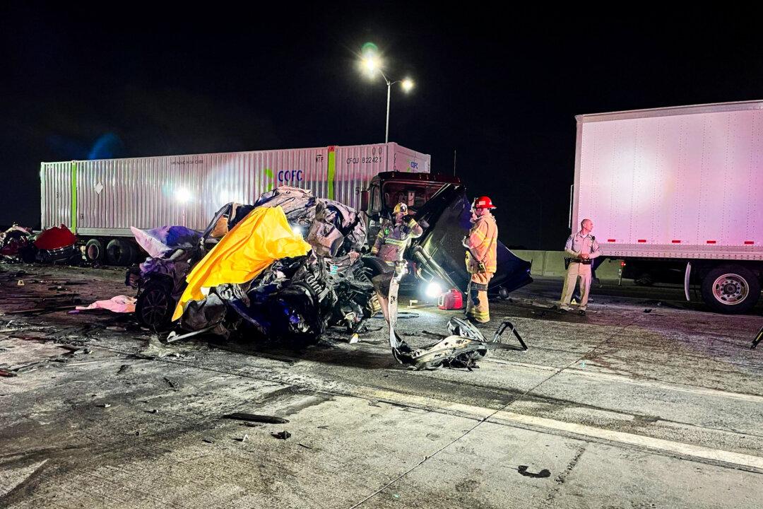 Officials from the San Bernardino County District Attorney’s Office process the scene of a deadly multi-vehicle crash in Ontario, Calif., on Oct. 21, 2025. In 2023, the National Safety Council reported that Texas topped the nation in truck-related road deaths with 730 lives lost, while California and Florida followed with 392 and 341 fatalities, respectively. (San Bernardino County District Attorney’s Office High Tech Crimes Unit via AP)