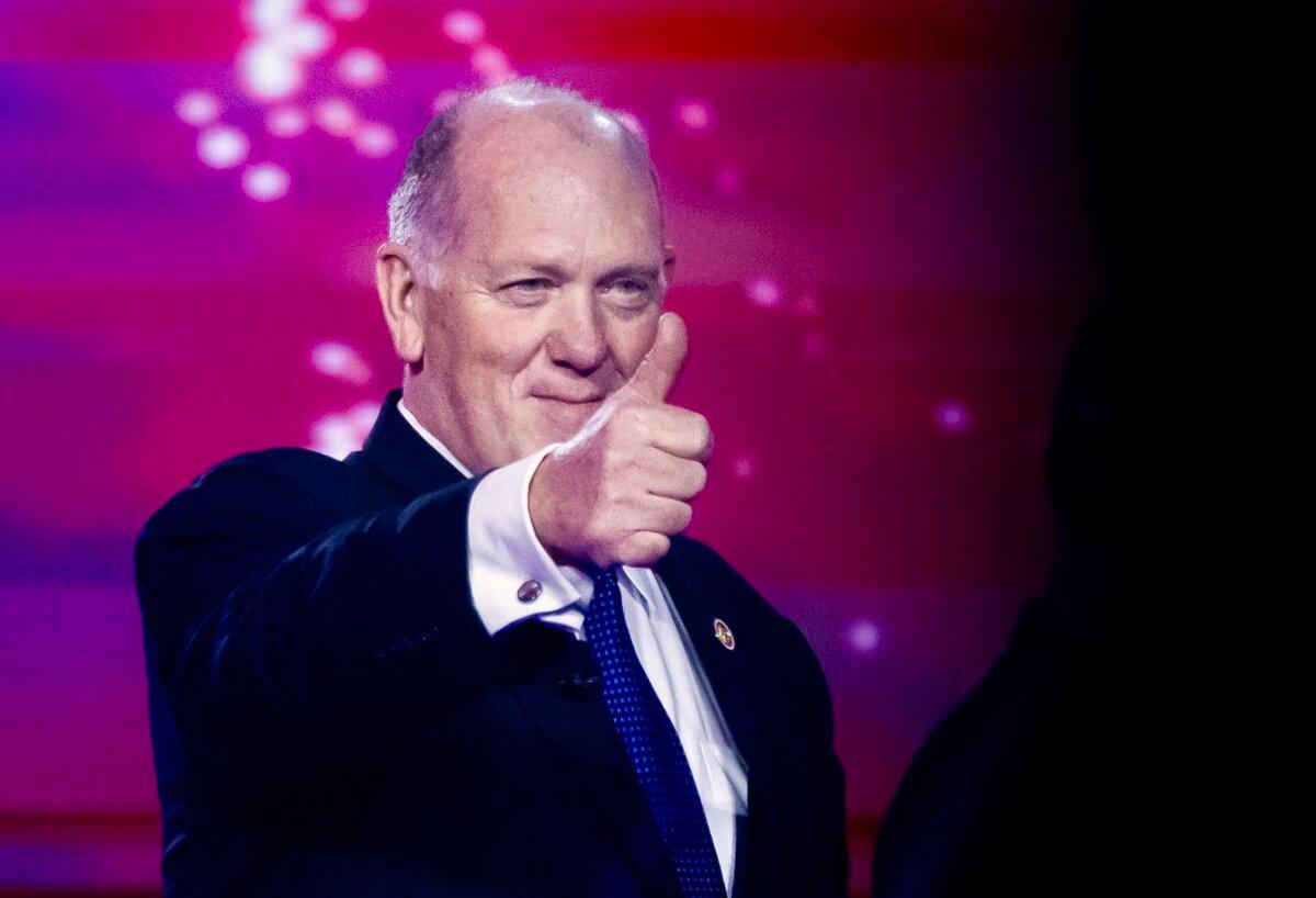 White House border czar Tom Homan speaks at Turning Point USA's AmericaFest in Phoenix on Dec. 21, 2025. (John Fredricks/The Epoch Times)