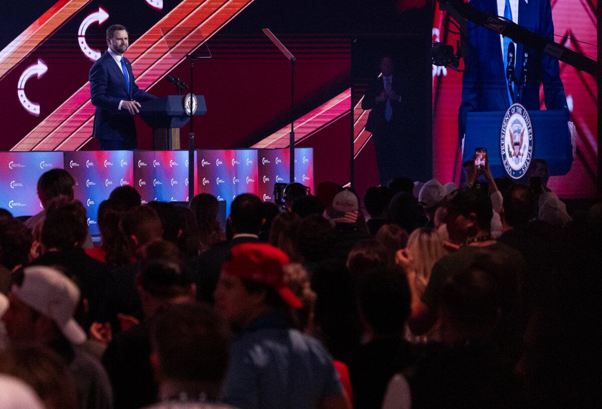 Vice President JD Vance speaks at AmericaFest. (John Fredricks/The Epoch Times)