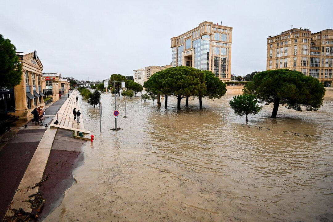 The flooded streets of Montpellier, France, on Dec. 22, 2025, after the river Lez bursts its banks due to heavy rain. Meteo-France issued an orange warning for flooding and heavy rain in southern France. (Sylvain Thomas/AFP via Getty Images)