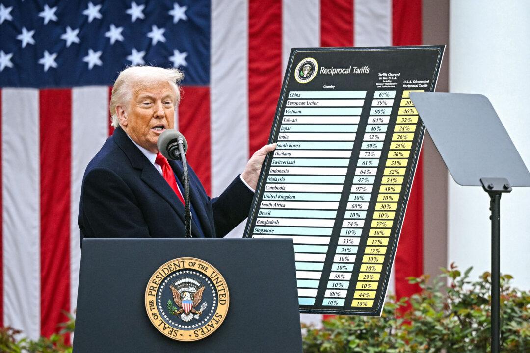 President Donald Trump holds a chart as he delivers remarks on reciprocal tariffs during his “Liberation Day” event in the Rose Garden at the White House on April 2, 2025. (Brendan Smialowski/AFP via Getty Images)