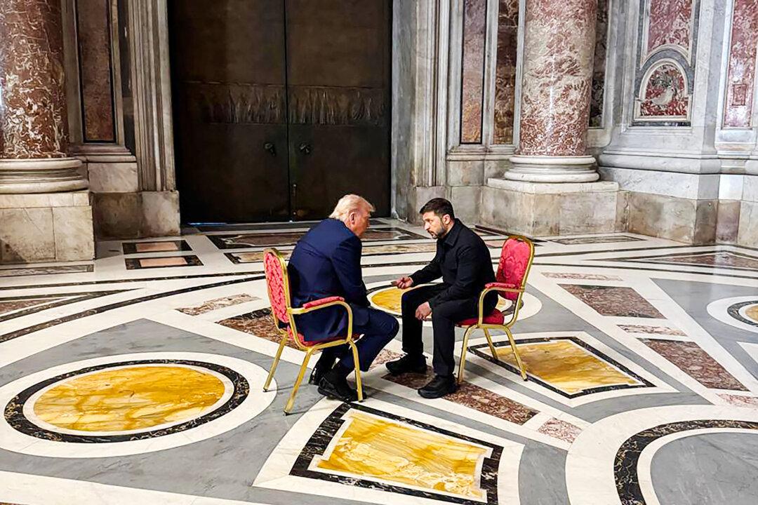 U.S. President Donald Trump (L) and Ukrainian President Volodymyr Zelenskyy meet during Pope FrancisÕs funeral at St. Peter's Basilica in Vatican City on April 26, 2025. (Office of the President of Ukraine via Getty Images)