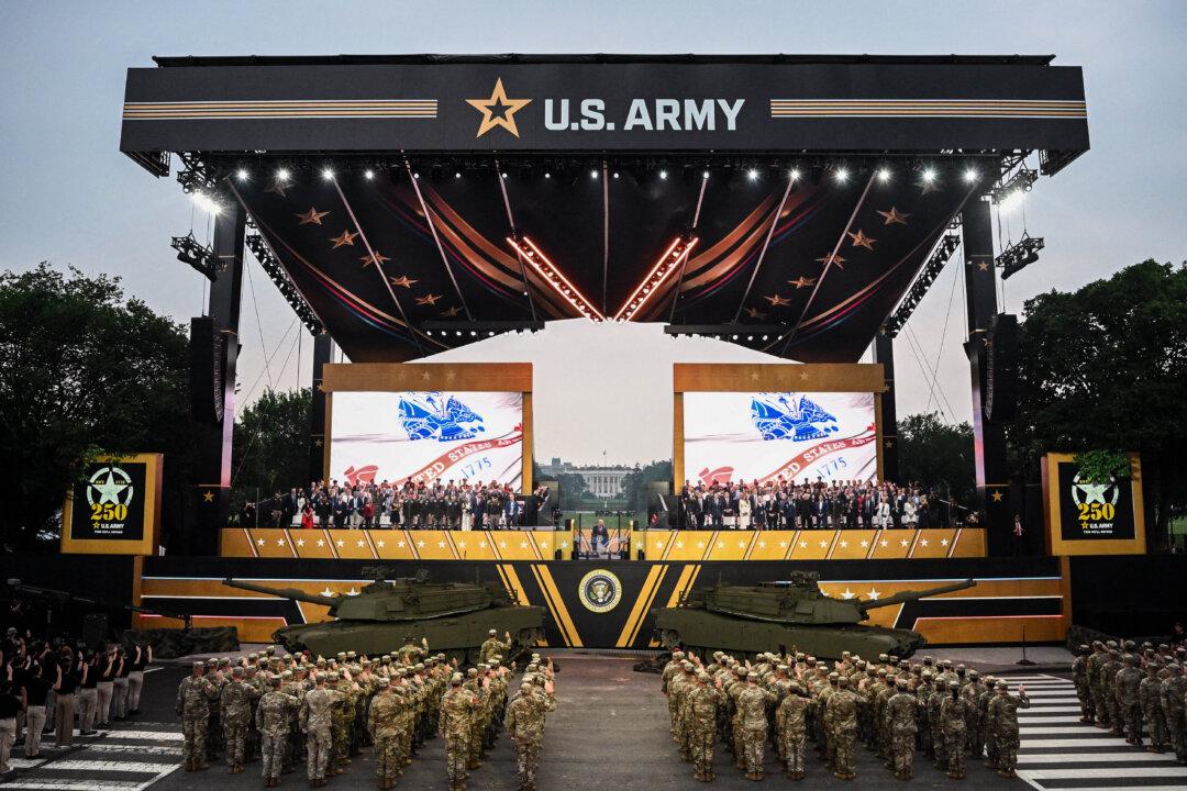President Donald Trump administers the Oath of Enlistment to soldiers who are enlisting or reenlisting during the Army's 250th Anniversary Parade in Washington on June 14, 2025. (Mandel Ngan/AFP via Getty Images)