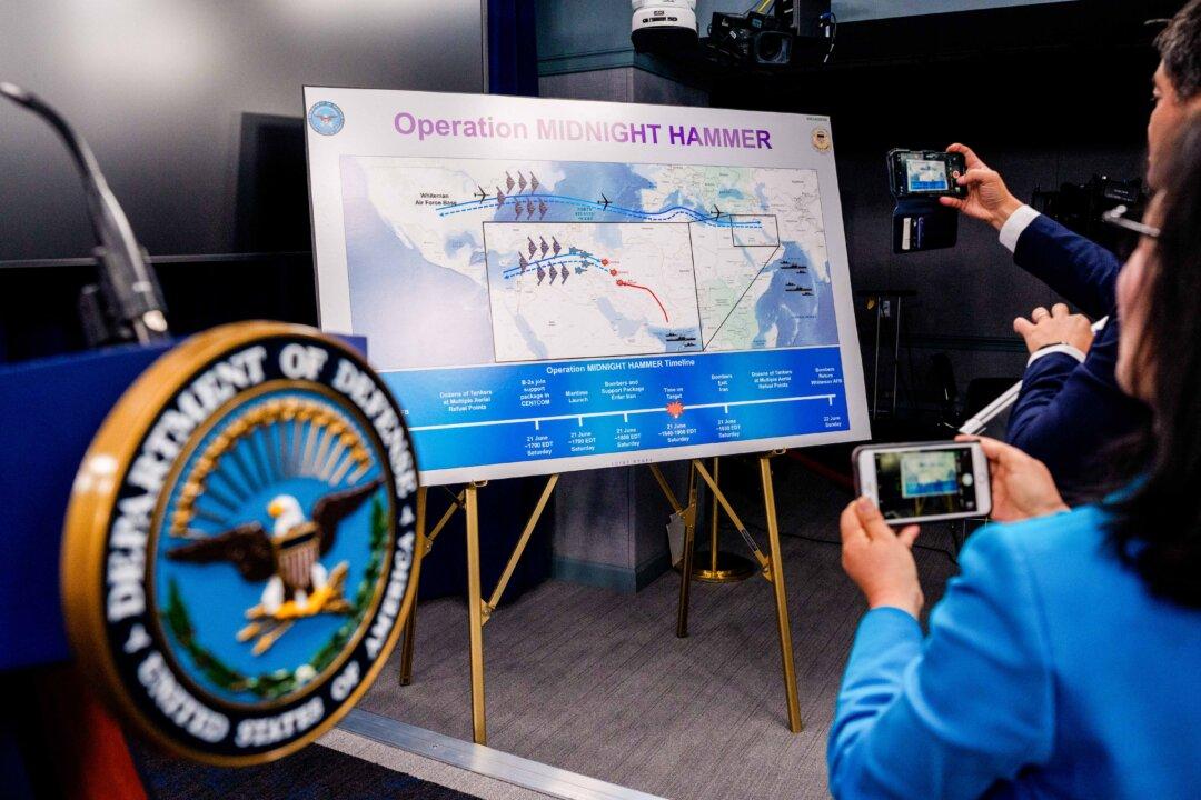 An operational timeline displays the mission details of a strike on Iranian nuclear facilities during a news conference at the Pentagon in Arlington, Va., on June 22, 2025. President Donald Trump addressed the nation the night after the U.S. military struck three facilities. (Andrew Harnik/Getty Images)