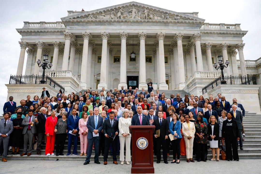 House Minority Leader Rep. Hakeem Jeffries (D-N.Y.), joined by fellow Democrats, speaks out against the One Big Beautiful Bill Act at a press conference outside of the U.S. Capitol on July 2, 2025. House Republicans continue their work to pass the Senate version of the bill, President Donald Trump's signature tax and spending bill. (Kevin Dietsch/Getty Images)