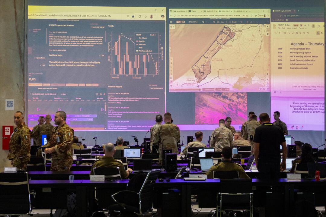 A coalition of U.S., Israeli, and foreign militaries, along with multinational civilian personnel, work to provide humanitarian assistance to people in the Gaza Strip at the Civil-Military Coordination Center in Kiryat Gat, Israel, on Nov. 20, 2025. (John Fredricks/The Epoch Times)