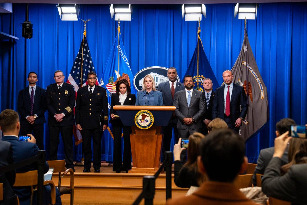 Attorney General Pam Bondi, FBI Director Kash Patel, and District of Columbia Attorney Jeanine Pirro announce the arrest of Brian Cole during a press conference in Washington on Dec. 4, 2025. The FBI has conducted a yearslong investigation into the pipe bombs placed in the District of Columbia on Jan. 5, 2021. (Madalina Kilroy/The Epoch Times)