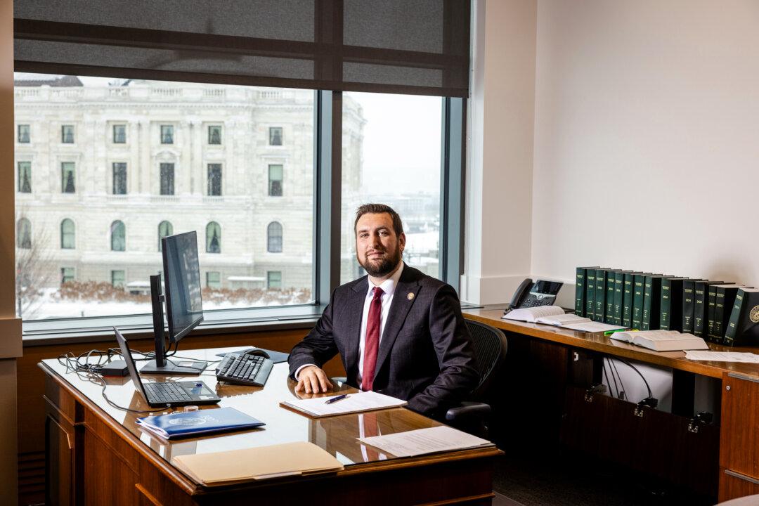 Minnesota state Sen. Michael Holmstrom in his office at the Senate building in St. Paul, Minn., on Dec. 8, 2025. (Jenn Ackerman for The Epoch Times)