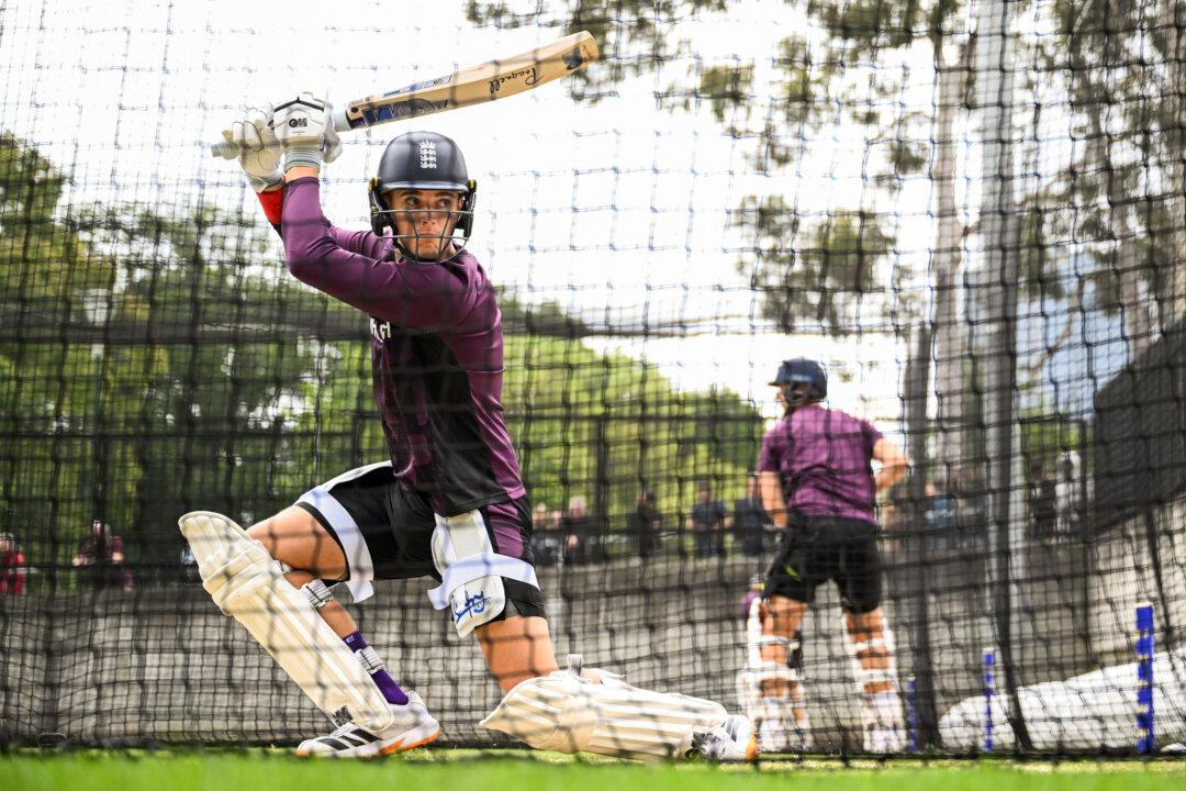 Jacob Bethell of England bats during an England nets session at Melbourne Cricket Ground in Melbourne, Australia, on Dec. 24, 2025. (Gareth Copley/Getty Images)