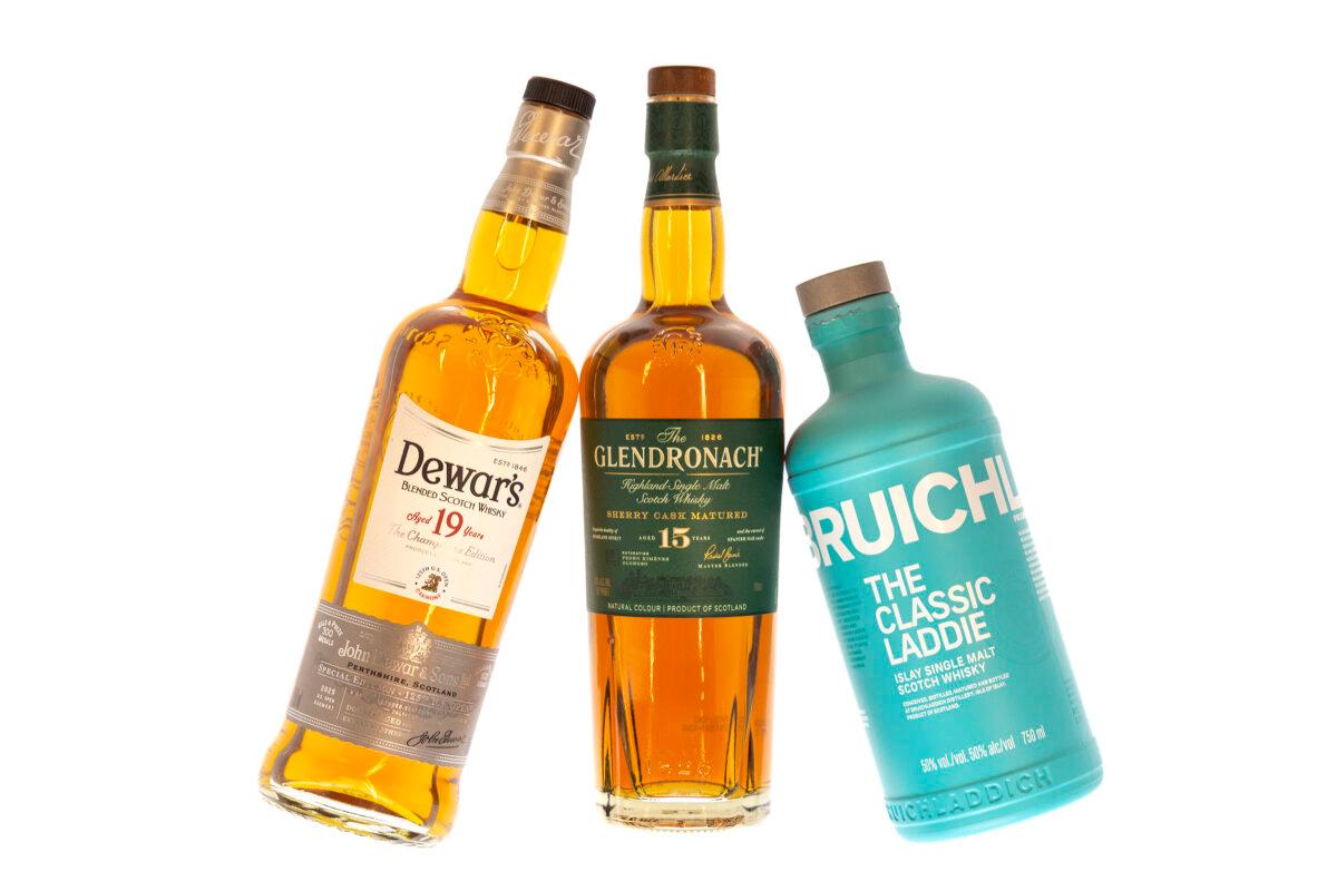 From left: Dewar’s Blended Scotch Whisky, The Glendoronach Highland Single Malt Scotch Whisky, and Bruichladdich Islay Single Malt Scotch Whisky. (Alejandro A Alvarez/The Philadelphia Inquirer/TNS)