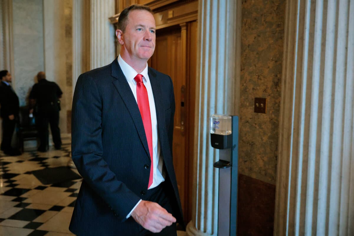 Sen. Eric Schmitt (R-Mo.) leaves the Senate Chamber following a vote in Washington on Aug. 1, 2025. (Chip Somodevilla/Getty Images)