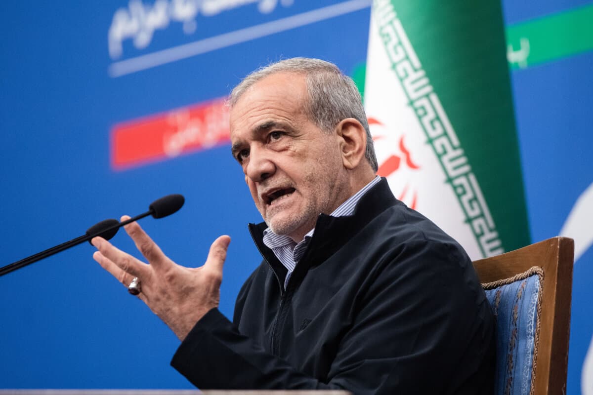 Iranian President Masoud Pezeshkian speaks at a news conference in Tehran, Iran, on Sept. 16, 2024. (Majid Saeedi/Getty Images)