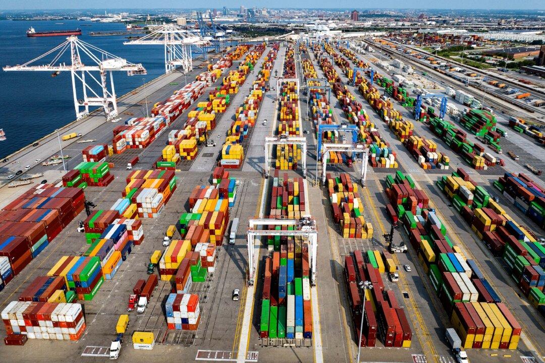 An aerial view of shipping containers at the Port of Baltimore in Baltimore on Aug. 7, 2025. (Jim Watson/AFP via Getty Images)