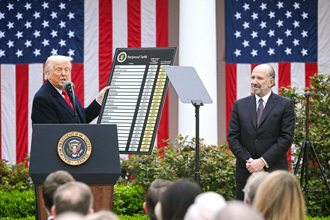 President Donald Trump holds a chart as he delivers remarks on reciprocal tariffs alongside U.S. Secretary of Commerce Howard Lutnick during an event in the Rose Garden at the White House on April 2, 2025. (Brendan Smialowski/AFP via Getty Images)